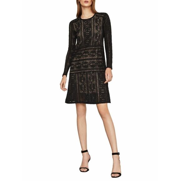 New! BCBGMAXAZRIA Waving Vines Long Sleeve Lace Shift Dress Size XS Black - Picture 9 of 10
